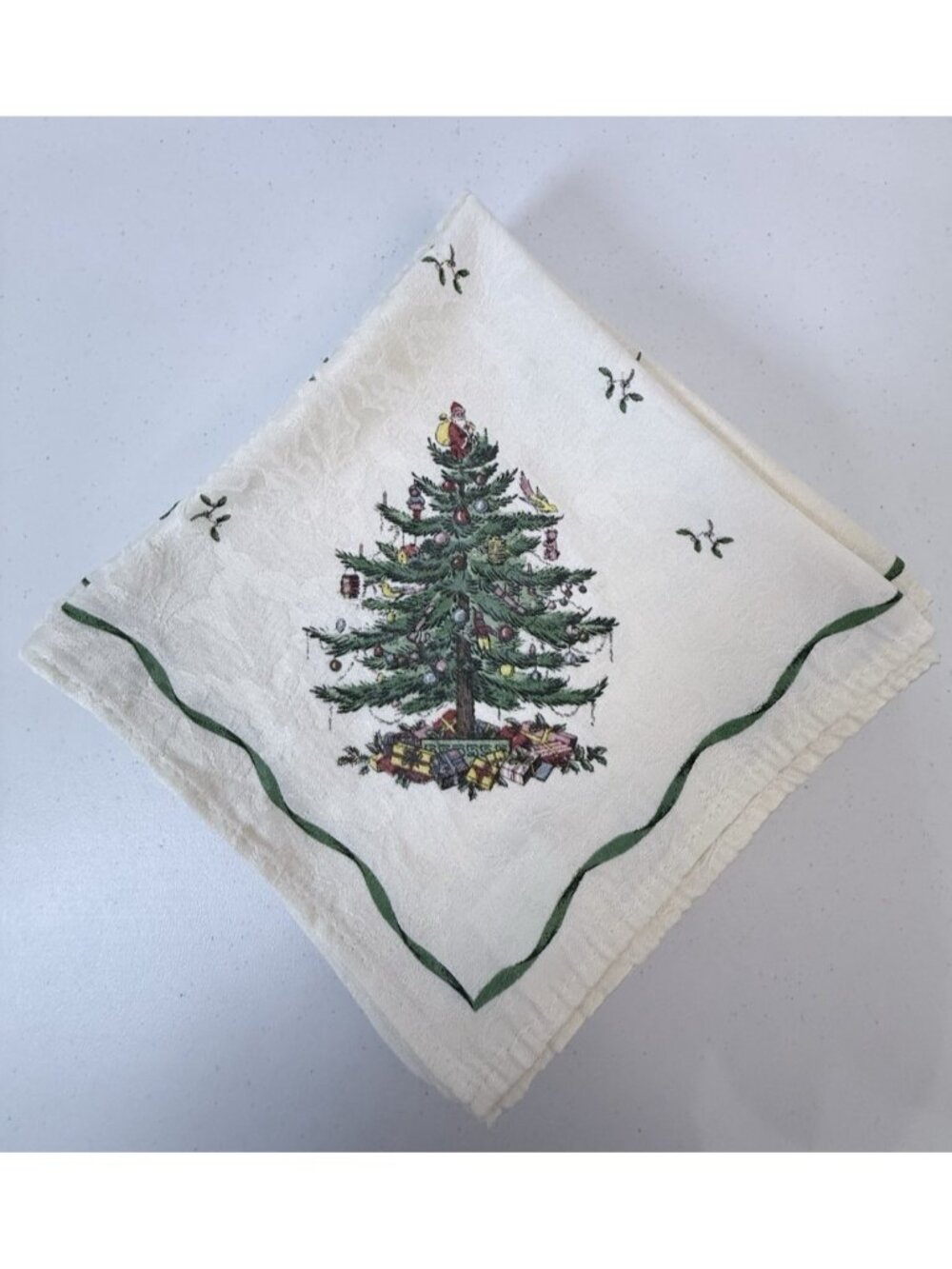 Spode Set of 8 Christmas Tree Pictorial Cloth Napkins Cotton/Poly White/Green
